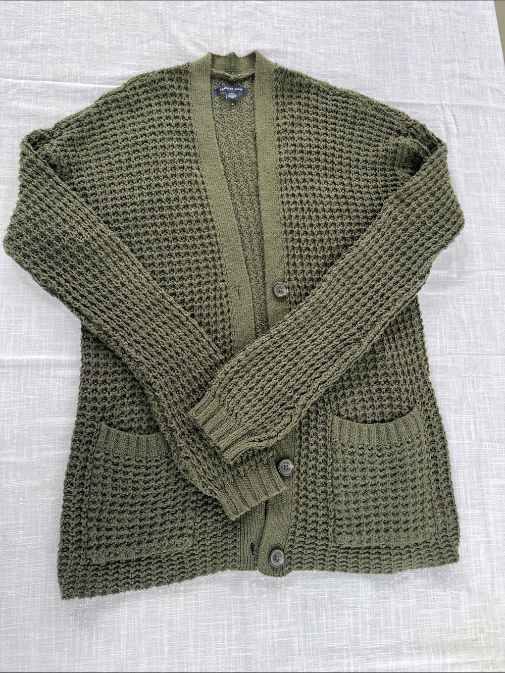 American Eagle Outfitters Olive‎ Green Waffle Knit Cardigan